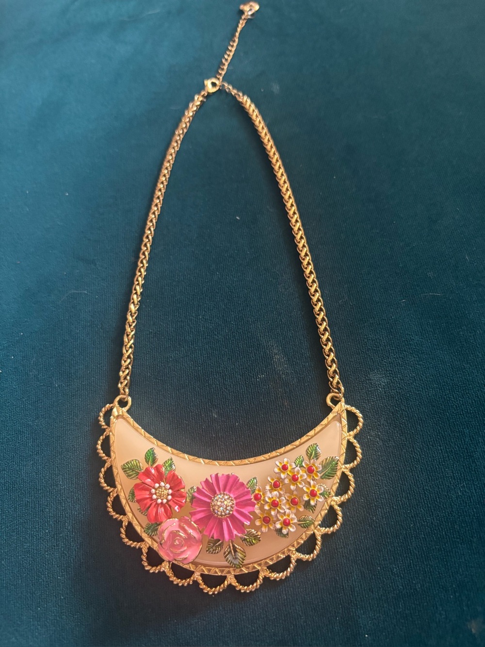 Floral Pink Gold-Trim Bib Necklace - Women Jewelry